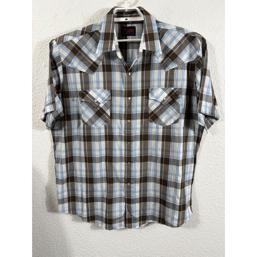 Plains Western Wear Mens XL Short Sleeve Pearl Snap Plaid Shirt Brown Blue‎